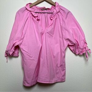 Sofia Women Poplin Top Medium Bubblegum Pink Split Neck Ruffle Preppy Puff Sleev